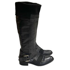Apepazza Zabu Ribbed Knit Trim Buckle Leather Tall Boots SZ 6 Black